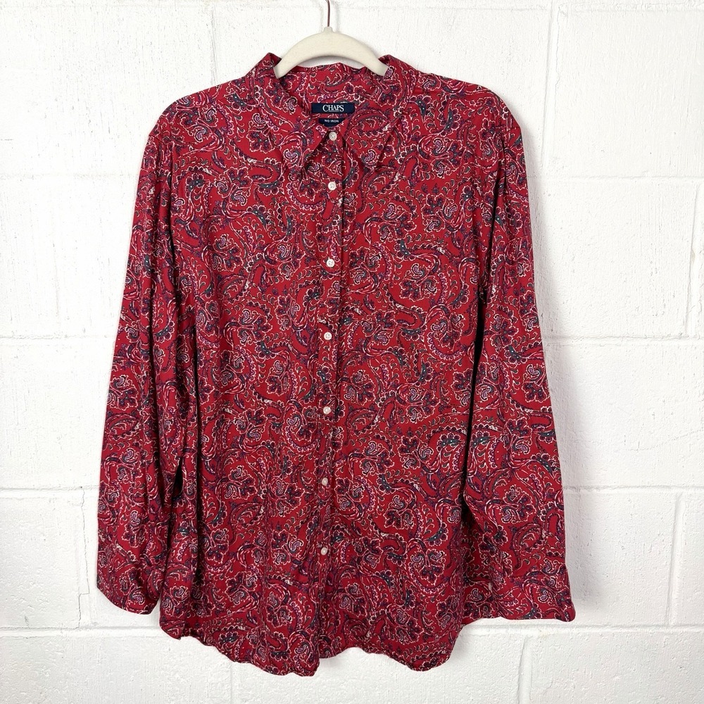 Chaps Long Sleeve Button Up Shirt Plus Size‎ 2X Red Paisley Preppy Americana